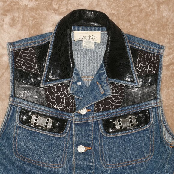 Cache Denim Jean Jacket with Genuine Leather Trim - Length 17 - Pits/Chest 15.5 - Picture 2 of 7